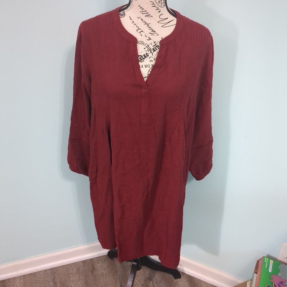 J Jill Tunic Dress small Maroon Long Sleeve V Neck Oversized Tuxedo Front